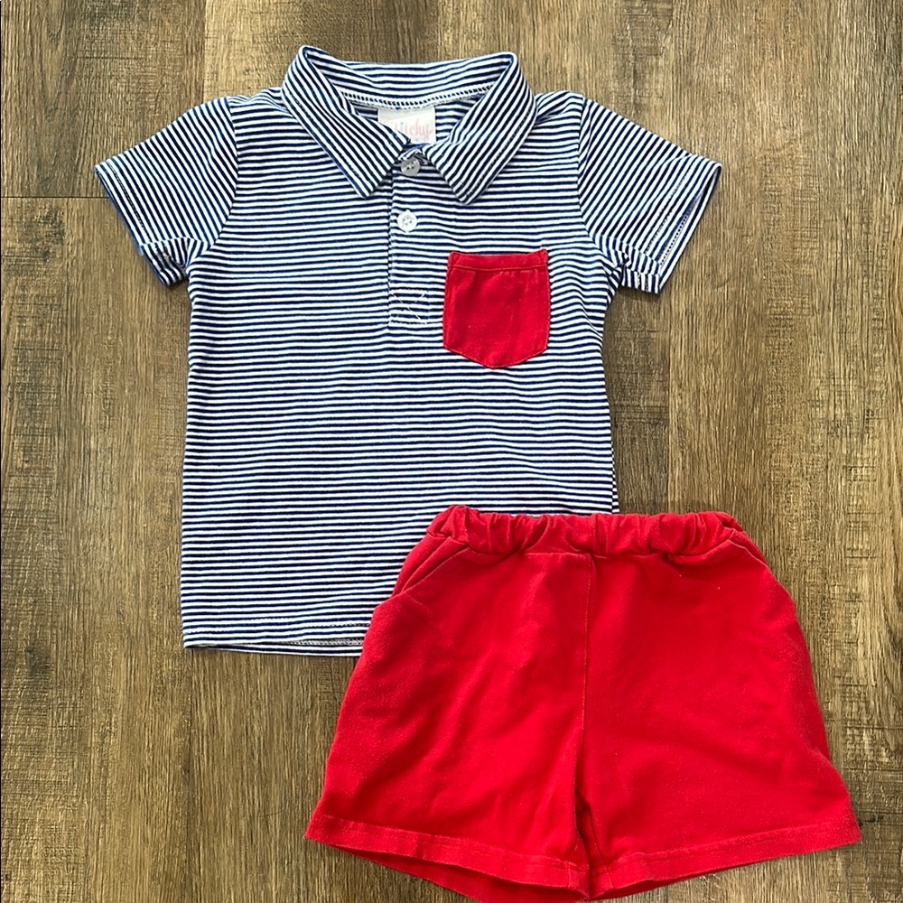 Stitchy Fish, Boys Striped Polo Shirt and Red Shorts Set